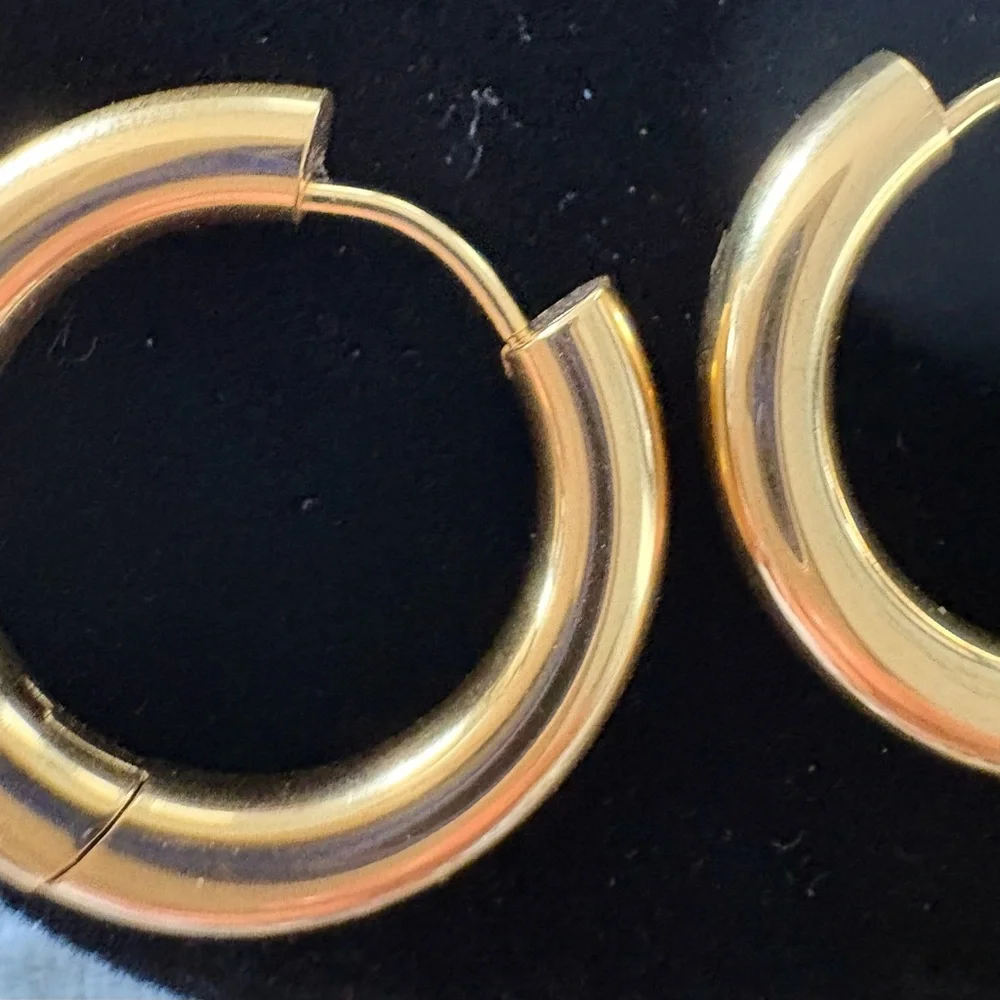 Gold hoop earrings; 18k PVD; hypoallergenic; waterproof and tarnish proof!